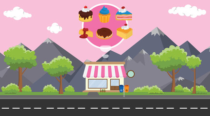 cakes store business on beside street with mountain view as background