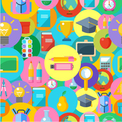 Seamless pattern. Round icons of school supplies.