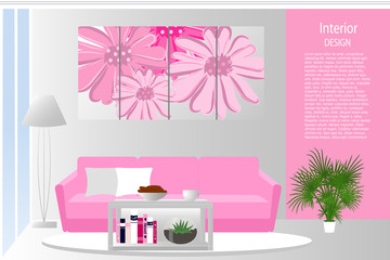 The interior of the living room. Elegant living room in pink color. Room in a modern style. Cartoon. Vector illustration.