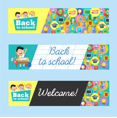 Welcome back to school! A set of school supplies. Round icons. Cheerful schoolchildren.