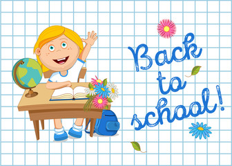 Welcome back to school! Vector illustration. Schoolgirl girl sitting at the Desk.