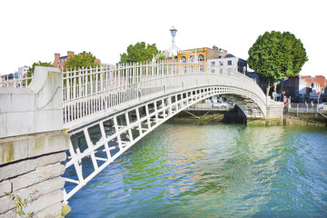 The most famous bridge in Dublin called "Half penny bridge" on white background for easy selection
