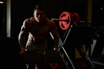 Obraz na płótnie Canvas Strong and handsome athletic young tattoo man with muscles