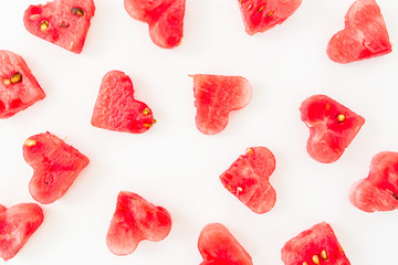 Watermelon love pattern composition on white background. Love pattern concept. Flat lay. Top view