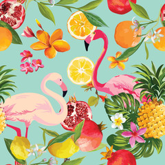Naklejka premium Seamless Tropical Fruits and Flamingo Pattern in Vector. Pomegranate, Lemon, Orange Flowers, Leaves and Fruits Background.