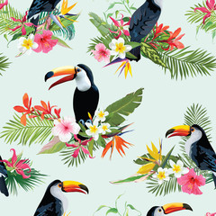 Tropical Flowers and Toucan Birds Seamless Background. Retro Summer Pattern in Vector