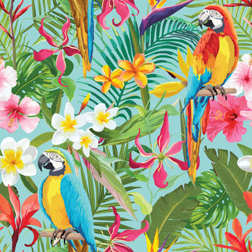 Tropical Flowers and Parrots Seamless Vector Floral Summer Pattern. For Wallpapers, Backgrounds, Textures, Textile