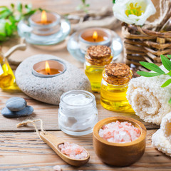 Obraz na płótnie Canvas Spa wellness setting concept, background with essential oil soap cream