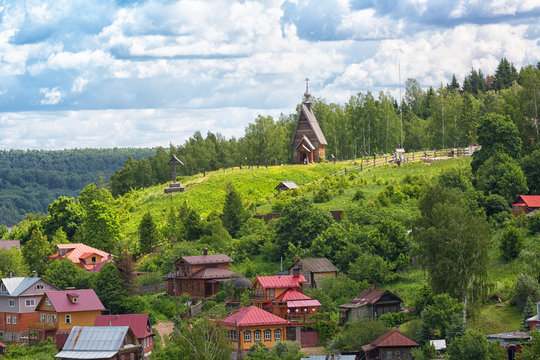 View of Levitan Mountain and Plyes city on a summer day from a height, Russia