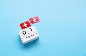 AUGUST 1 Wooden calendar Concept independence day of Switzerland and Switzerland national day.Copy space,minimal style