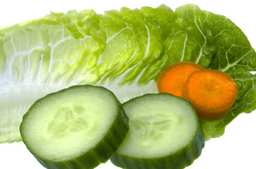 Salad Leaf with Cucumber and Carrots on white Background