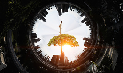 Businesswoman on tree crown. Mixed media