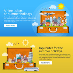 Traveling in time of vacation by plane and bus. Open suitcase with landmarks. Summer travel banners in flat style. Travel to Britain and Italy. The summer holiday. Vector illustration