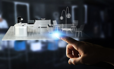 Businessman touching white 3D rendering apartment