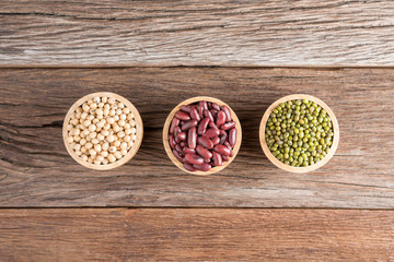 Soy bean, Red bean, Green bean in wood bowl.