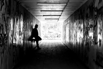 Man in a tunnel in black and white