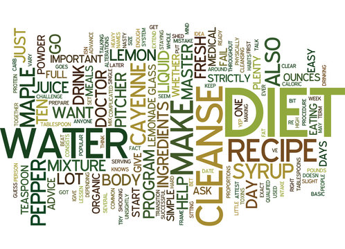 MASTER CLEANSE DIET RECIPE KEEP IT SIMPLE Text Background Word Cloud Concept