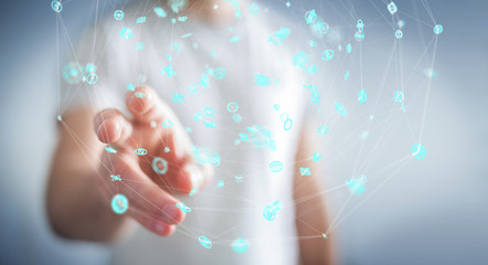 Businessman using flying network connection interface 3D rendering