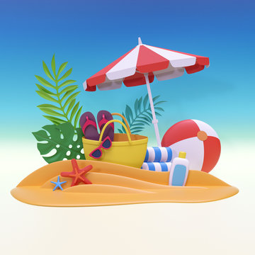 3d render, digital illustration, paper craft, summer holiday, beach picnic, tropical spa resort, vacation background
