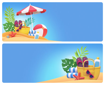 3d render, digital illustration, paper craft, summer holiday, beach picnic, tropical island, blank banner set, card, design template