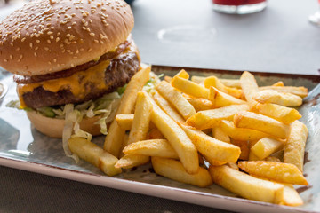 Burger with French fries