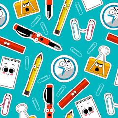 Fototapeta na wymiar Back To School Seamless Background. Office and School suppllies colored vector. Cartoon Funny Emoticons. Vector.
