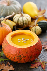 Fall pumpkin soup in big decorative pumpkin on dark wooden background