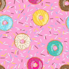 Seamless pattern bright pink tasty vector donuts and sprinkles background in cartoon style for menu in cafe and shop.