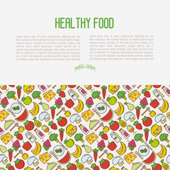 Concept of organic food contains seamless pattern with thin line icons of fresh natural products, vegetarian groceries. Vector illustration for web site about healthy nutrition.