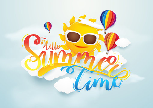 Summer time vector banner design. Sun and hot air balloons flying over sky background