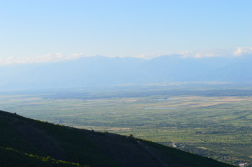 Skyline panorama of the mountains and surrounding fields of Signagy city, Georgia