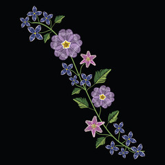 Embroidery stitches with primarose primula vulgaris and lilac flower.. Vector fashion ornament on black background for traditional floral decoration.