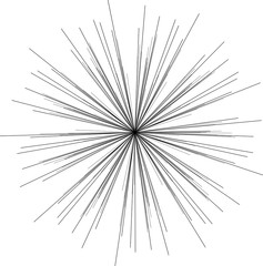 Sunburst, starburst shape black on white. Design element. Radiating radial merging lines, stripes or fireworks. Abstract circular geometric pattern. Vector illustration