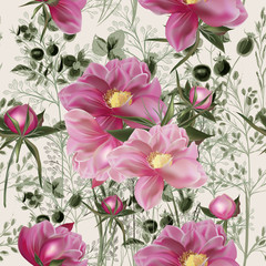 Naklejki  Elegant flower vector pattern with peony flowers. Vintage provance style