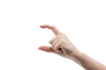 Small size gesture. Female hand is pointing at small item. Human hand in picking gesture isolate on white background. Size of male penis or other product. Advertising gesture for product display space
