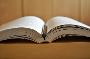 Open book with a pen in the middle