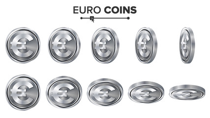 Money. Euro 3D Silver Coins Vector Set. Realistic Illustration. Flip Different Angles. Money Front Side. Investment Concept. Finance Coin Icons, Sign, Success Banking Cash Symbol. Currency Isolated