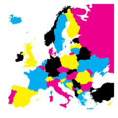 Political map of Europe continent in CMYK colors isolated on white background. Vector illustration.