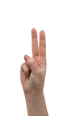Naklejka premium Peace, two fingers up, hand in peace or victory symbol. Sign for the letter V in sign language isolated on white. Girl or woman raising two fingers up. Female hand with manicure raised two fingers