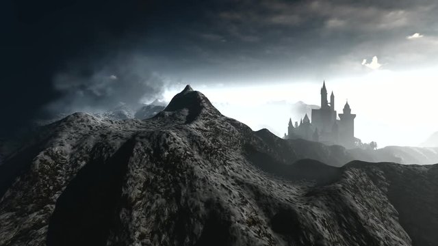 Dark castle animation with dramatic sky