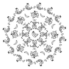 Cartoon hand drawn wild monkeys with bananas. Lots of symbols, objects and elements. Hand-drawn monochrome black and white background, EPS 10. Vector illustration isolated on white background.