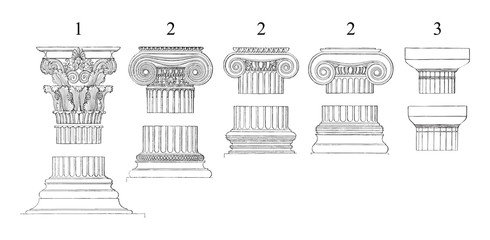 1. Corinthian 2. Ionic 3. Doric columns - vintage illustration 