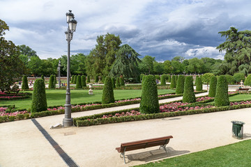 trees, flower beds and footpaths in park 