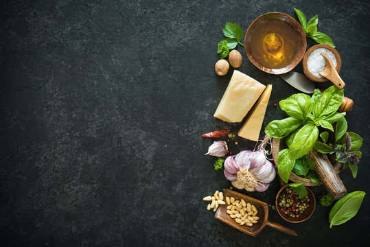 Ingredients for homemade green basil pesto
