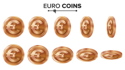 Money. Euro 3D Copper Coins Vector Set. Realistic Illustration. Flip Different Angles. Money Front Side. Investment Concept. Finance Coin Icons, Sign, Success Banking Cash Symbol. Currency Isolated