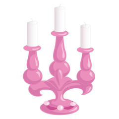 Pink candlestick on three candles isolated on white background. Vintage household items. Cartoon drawing vector illustration.