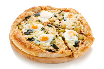 Vegetarian pizza with eggs, zucchini and onion