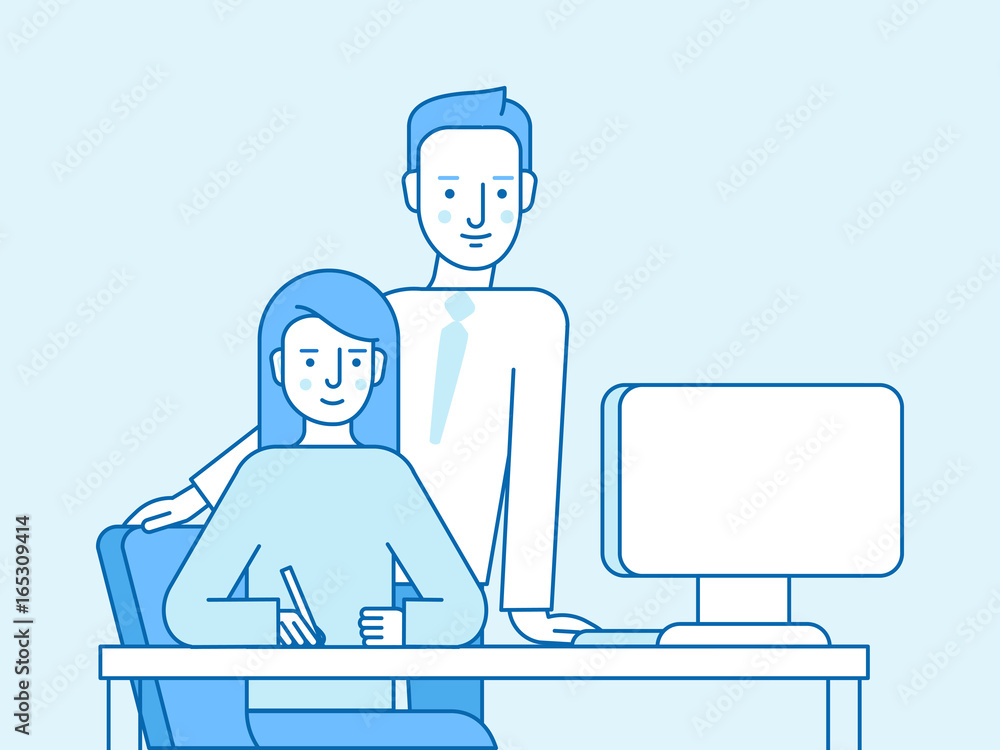 Poster vector illustration in flat linear style and blue color - client and graphic designer