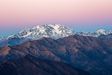 View of Monte Rosa from Mottarone at sunrise.