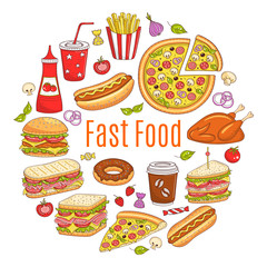 Vector sketch illustration of fast food circular shaped